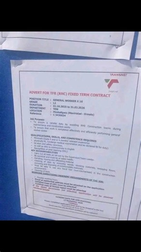 TRANSNET IS HIRING • GENERAL WORKER (Ermelo) X8 • SHE LEVEL 1 X2 • GENERAL WORKER (Msukaligwa) X16 • Operator Level 1 (disc cutter) X2 • FLAGMAN X3 CLOSING DATE FOR APPLICATIONS: 17 September 2025 12h00pm Completed application form & CV to be dropped in the CV box Hand Deliver @ Green Area, Mpumalanga | Precious Mkhatshwa