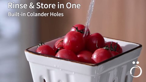 ONEMORE Ceramic Berry Basket Square Fruit Bowls with Holes Berry Bowl Colander Fruit Basket for Kitchen Décor - 5.8" Berry Containers for Fridge, Set of 2, Cream White