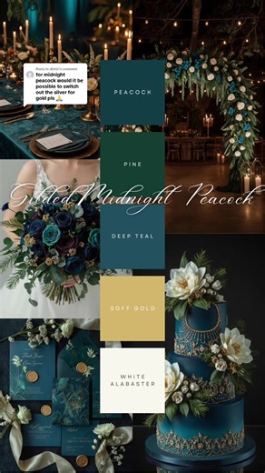 Replying to @alistiri Midnight peacock… but make it GOLD 🦚✨💛🌙🤍 Gilded Midnight Peacock swaps silver for gold, pairing deep peacock blues and greens with rich golden accents for the ultimate jewel-tone wedding palette. Save this for evening or fall weddings 💍 & comment your palette request below 🤍 #2026wedding #2027bride #weddingtok #weddingcolors #weddingpalette
