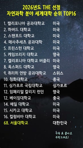 2026년도 THE 선정 자연과학 분야 세계대학 순위 TOP16. 서울대학교는? #세계대학순위 #자연과학 #THE세계대학순위