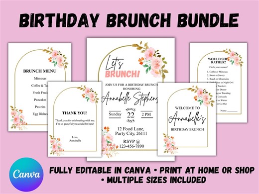 Birthday Brunch Invitation Bundle, Editable Birthday Invite, Floral Brunch Party Template, Canva Invitation Set With Games - Etsy