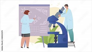 Scientists conducting research video concept. Moving male microbiologist looking through microscope and woman drawing structure of bacterium. Epidemiologists at work. Graphic animated cartoon