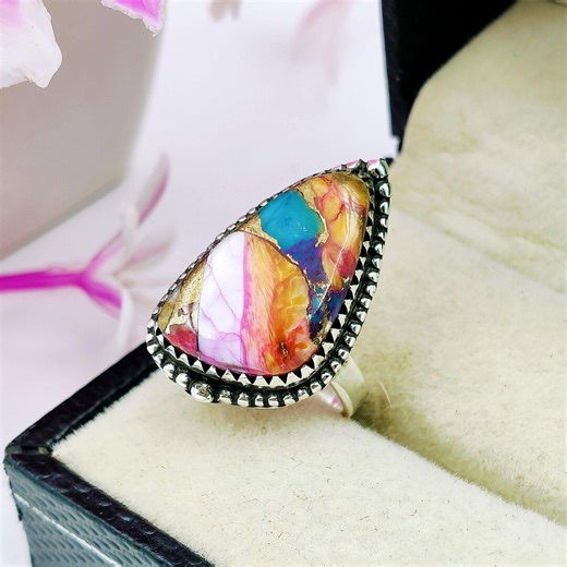 Natural Pink Oyster Turquoise Ring 925 Sterling Silver Teardrop Spiny Mosaic Artisan Boho Jewelry - Etsy