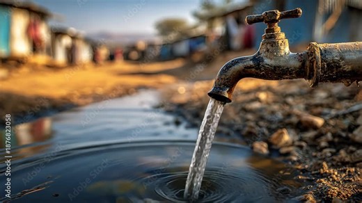 Rusty outdoor faucet pouring water into a muddy puddle, 4k video