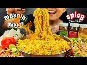 EATING INDIAN MAGGI MASALA WITH SPICY PICKLES | MAGGI NOODLES EATING CHALLENGE | EATING BIG BITES