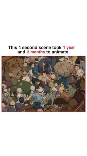 Mr Snapfix on Instagram: "This video shows how an extremely detailed hand-drawn animation scene was created by Japanese animator Hayao Miyazaki and his team at Studio Ghibli. The clip shows a crowded scene where every single character is drawn manually, frame by frame, which is why just 4 seconds took 1 year and 3 months to complete. It explains Miyazaki’s animation style, where no movement is reused. Each person in the crowd has unique actions, body language, and expressions, making the scene f