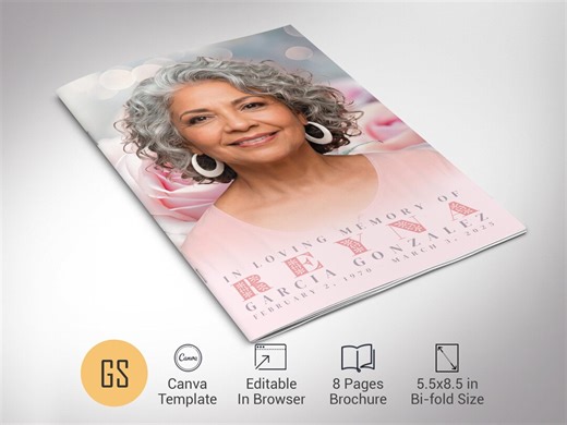 Pink Roses Funeral Program Template | Canva: Floral 8-page Bifold Memorial Obituary (5.5x8.5) Digital Download - Etsy