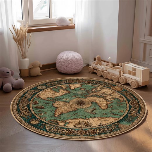 Round Vintage World Map Rug Nautical Compass Design - Etsy