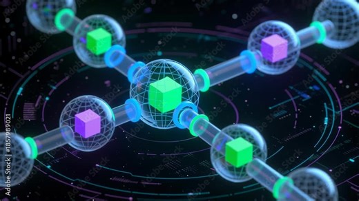 Blockchain based technology business digital software development network security background glowing cubes connected by nodes futuristic circuit conveying secure distributed ledger