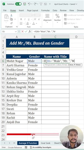 Add Mr./Ms. Based on Gender in Excel | IF Formula Trick 🙂#excel #exceltips #excelshorts #ytshorts