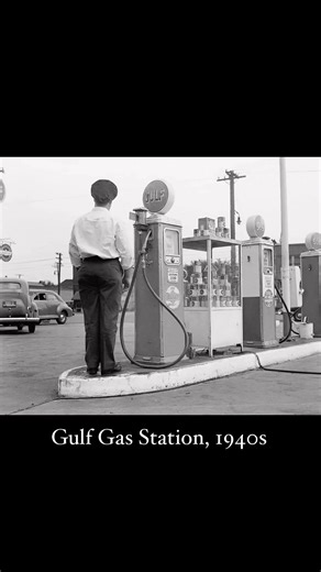 4.2K views · 132 reactions | This 1940s Gulf station scene captures a station attendant standing ready beside the pumps. The photo reflect an era when service stations were as much about customer care as filling up the tank. #Restore #adobePhotoshop #VintageAmerica #GasStationHistory #1940sLife #MemoryLanePhotos | Memory Lane Photos | Facebook