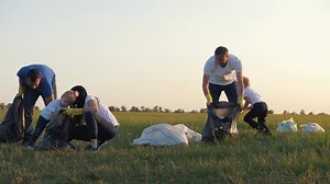 Teamwork. A group of volunteer people help keep nature clean and collect garbage from the green field at sunset. The concept of garbage collection.