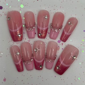 Cute Pink French Tip Press on Nails | Gel Nail Set | Glossy Pink Nails | Heart Rhinestone Nails | Pink Nails - Etsy