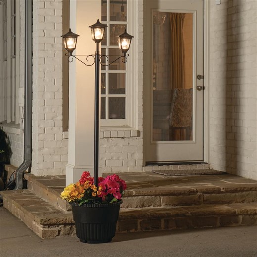 Check The Home Depot's Q&A Before Buying: GAMA SONIC Triple Head 3-Light Black Outdoor Solar Lamp Post Light Set, Dusk to Dawn LED with Planter for Garden and Post Included