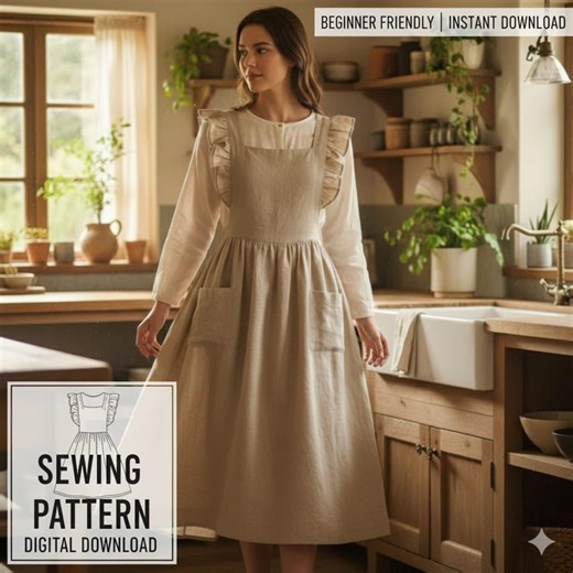 Linen Pinafore Apron Sewing Pattern | Ruffle Cross Back Apron PDF | Beginner Friendly Digital Download | Women’s Cottagecore Apron Pattern - Etsy Australia