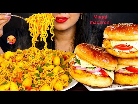 EATING INDIAN MASALA MAGGI & MASALA MACARONI 😋 3 VEGGIE BURGER | NOODLES EATING CHALLENGE