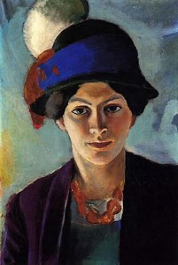 August Macke (German, 1887 - 1914) The artist's wife (Elisabeth Gerhardt) in blue hat, 1909 August Macke was one of the leading members of the German Expressionist group Der Blaue Reiter (The Blue Rider). He lived during a particularly innovative time for German art: he saw the development of the main German Expressionist movements as well as the arrival of the successive avant-garde movements which were forming in the rest of Europe. Like a true artist of his time, Macke knew how to integrate i