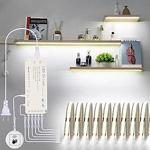 COB Display Light Strips for Shelves, 6000K 16.4ft Plug-in Under Shelf Lighting with Hand-Sweep On/Off, Diffused Power with 6 Output Ports, Shelf Lights for Bookshelf, Gun Safe
