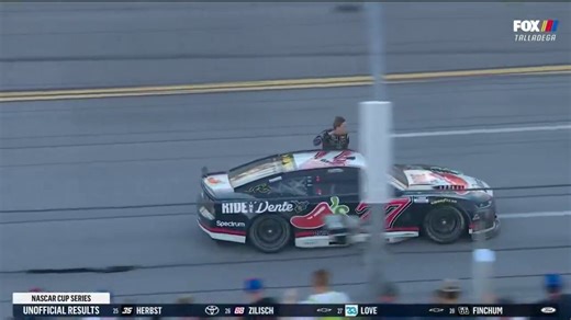 Carson Hocevar just won his first NASCAR race then does his victory lap while hanging out of the car. Finishes it off crashing into the wall to do a burnout all while being half out of his car 😂😂😂