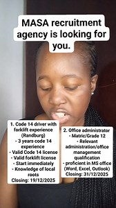 115K views · 1.7K reactions | Masa recruitment agency is looking for a code 14 driver with forklift experience and an office administrator. Link on the comments.. #followersreelsfypシ゚viralシfypシ゚viralシalシ | Nomcebo Yaka | Facebook