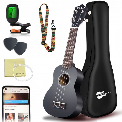 Everjoys 21 inch Soprano Ukulele Starter Kit w/Gig Bag,Rainbow String,Free Online Lesson,Tuner,Pick,Strap,Songbook
