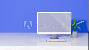 Workspace animation. 3d render, realistic minimal design. Computer monitor, keyboard on desk, blank screen. Home office, work setup. Template for graphics, copy space. Animated stock footage