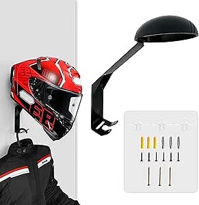 Helmet Holder Wall Mount, Metal Motorcycle Gear Rack with 2 Key Hooks, Helmet Wall Mount for Men Women, Helmet Hanger Wall Mount, Helmet Rack for Baseball/Football (Classic Black, 1)