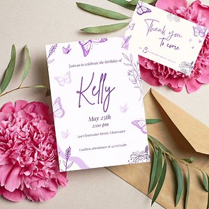 Butterfly Birthday Invitation for Girl, Purple Girl Birthday Card, Birthday Girl Thank You Card, Editable Birthday Invitation Card, Editable - Etsy