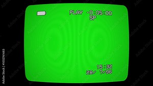 VHS interface on TV screen with chromakey. CRT old screen with date and timecode. Green TV screen with noise vhs effect. Retro 80s, 90s.