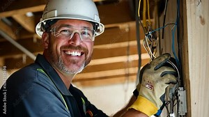 Skilled electrician working on electrical wiring in a residential construction site during daylight hours