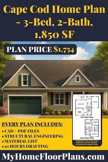 Cape Cod Home Plan - 3 Bed, 2 Bath, 1,850 SF