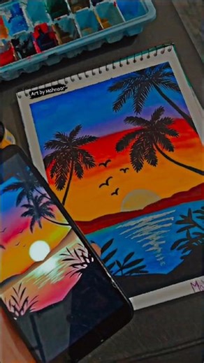 Easy Sunset Landscape Painting 🌅 | Step by Step Poster Color Painting Tutorial 🎨 | Beach Scenery Art