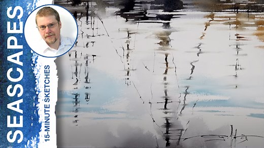 #235 Reflections (Watercolor Seascape Tutorial) Michael Solovyev. Reflections. DANIEL SMITH: Artists' Materials watercolor paints on Baohong Masters' Choice Cold Pressed 300 gsm paper, 15x11 inches (38x28 cm), Escoda brushes. This time we're going to make an almost abstract painting. The view is brilliant, but it's just a reflection. And the reflection is moving. So, it will be truly challenge to turn this into a watercolor. Let's do it together! By the way, I will be holding a three-day worksho