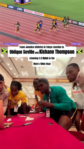 View Jamaica on Instagram: "Team Jamaica athletes including @fedrick_dacres in Tokyo reacting to Oblique Seville 🇯🇲 and Kishane Thompson 🇯🇲 1-2 finish in the Men's 100m final. Even Team France in the background cheering Jamaica on!!!"