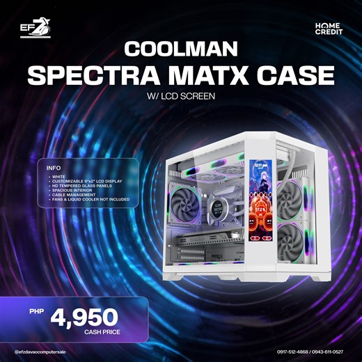 EFZ Computers on Instagram: "🤍 CLEAN. MODERN. POWERFUL. 🤍 Introducing the Coolman Spectra mATX Case (WHITE) with LCD Screen — perfect for sleek and aesthetic PC builds 💻✨ ✔ Built-in LCD Screen for system monitoring or custom display ✔ Elegant white finish for a clean, minimalist setup ✔ mATX form factor – compact yet high-performance ✔ Optimized airflow to keep your system cool ❄️ ✔ Tempered glass panel to showcase your all-white build Upgrade your setup with a case that looks as good as it p