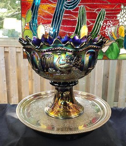 Northwood Glass Peacock at the Fountain Carnival Glass Punch Bowl Set - Amethyst Base - Etsy
