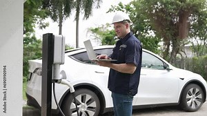 Qualified technician working on home EV charging station installation, making troubleshooting and configuration setup on charging system with laptop for EV at home. Fastidious