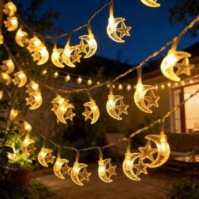 1pc 1.5/3/6/10m Battery Powered Large Star & Moon LED String Lights. Can Be Lit, Flashing And Hanging. Suitable For Birthday, Room, Party, Gift, Holiday Celebration, Decoration, Outdoor Yard Decor, Ramadan Decoration And Eid Al-Fitr Gift. Ramadan Lantern Eid Mubarak Ramadan Lights Eid Decoration | SHEIN