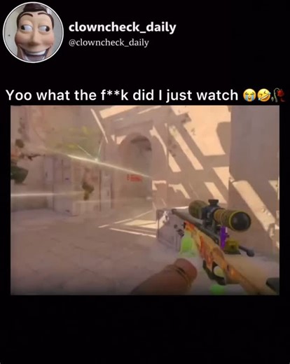 ClownCheckDaily on Instagram: "This video is a fast-paced montage of Counter-Strike 2 (CS2) gameplay, specifically set on the iconic map Dust II. The footage is framed as a social media meme, complete with a “clowncheck_daily” watermark and a humorous caption expressing disbelief at the action unfolding. The primary focus is on a player using an AWP sniper rifle with a colorful custom skin, navigating through the “B-Side” tunnels and mid-section of the map. The gameplay is characterized by chaot