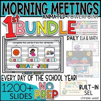 Morning Meeting Animated PowerPoint Bundle | Full Year 1st Grade ELA, Math & SEL