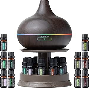 Ultimate Aromatherapy Diffuser & Essential Oil Set - Ultrasonic Diffuser & Top 10 Essential Oils - 300ml Diffuser w/ 4 Timer & 7 Ambient Light Settings - Therapeutic Essential Oils - Dark Oak w/Stand