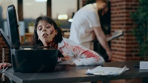 Stupid spooky looking monster trying to use printer machine. Creepy evil brain dead zombie with deep and bloody scars and wounds while damaging scanner machine in company office workspace.