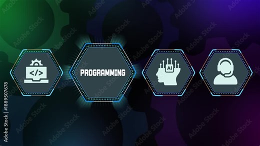 Programming concept with futuristic hexagon UI, code development process, software engineering workflow and digital technology innovation system.