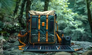 Outdoor adventure equipment with backpack and solar charger in forest setting