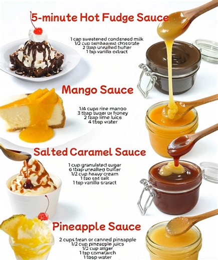 Drizzle, dip, or pour — these homemade sauces do it all! Recipes👇 1. 5-minute Hot Fudge Sauce Ingredients: 1 can (396g) sweetened condensed milk 1 cup (170g) semi-sweet chocolate chips 2 tablespoons (28g) unsalted butter 1 teaspoon vanilla extract Add sweetened condensed milk and chocolate chips to a saucepan. Heat over medium heat, stirring constantly, until chocolate chips are melted. Remove from heat and stir in butter and vanilla. Stir until butter is melted. Place hot fudge in a jar. Use w