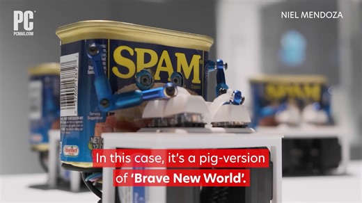 Behold! An army of cans of Spam typing up an original version of Aldous Huxley's "Brave New World", but swapping key words with pig-related replacements. It's all the focus of an art project by Neil Mendoza using a neural network and machine learning to create strange unique results. | PCMag