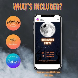 Animated Halloween Party Invitation Template | Digital File | Share on Instagram, Tiktok, Facebook | Witch Full Moon Haunted House Scary - Etsy