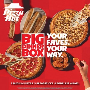 🍕 Big Dinner Box = Big Flavor! Get 2 medium 1-topping pizzas, 5 breadsticks & 8 boneless wings. Order now! | Pizza Hut