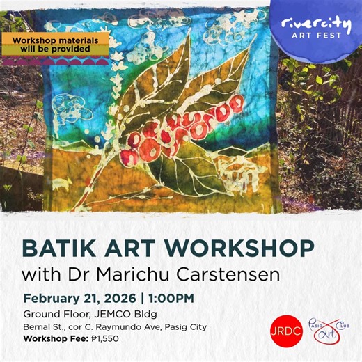Learn the timeless art of batik as we guide you through the process step-by-step — from designing to waxing and dyeing. 🖌 Materials & tools: All provided 📖 Guidance: Detailed instructions included 📅 When: February 21, 1:00 PM 👧 Who can join: Open to ages 10 and above 🧑 Workshop Fee: P1,550 (Until Feb 19th!) Create your own wearable masterpiece and experience the magic of traditional textile art! | Pasig Art Club