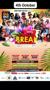 Mark your calendars! The Vaal Spring Break Colourfest 2025 is bringing more fire for Saturday, 4th October 2025, at the Isack Steyl Stadium in Vanderbijlpark, from 12pm till late. Embrace the Beach Picnic Vibes theme and get your R100 Phase One Tickets b4 3rd September at any Pick n Pay store or online via https://www.webtickets.co.za/event.aspx?itemid=1574395552 Tickets are also available at Computicket outlets, such as Checkers Hyper, Checkers, Shoprite, Usave, Boxer, and OK stores, or online 